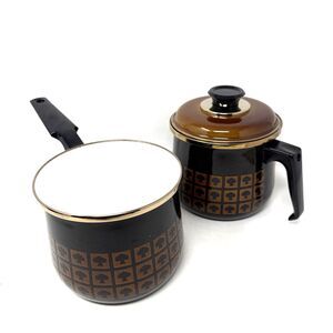 VTG West Bend Le Provencal Enamelware 2 Sauce Pans 2 Qt  1 Lid Brown Mushroom